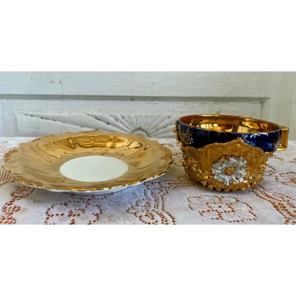 Antique German Porcelain Teacup Saucer Heavy Gold Cobalt Blue 3D Flower - Picture 15 of 16